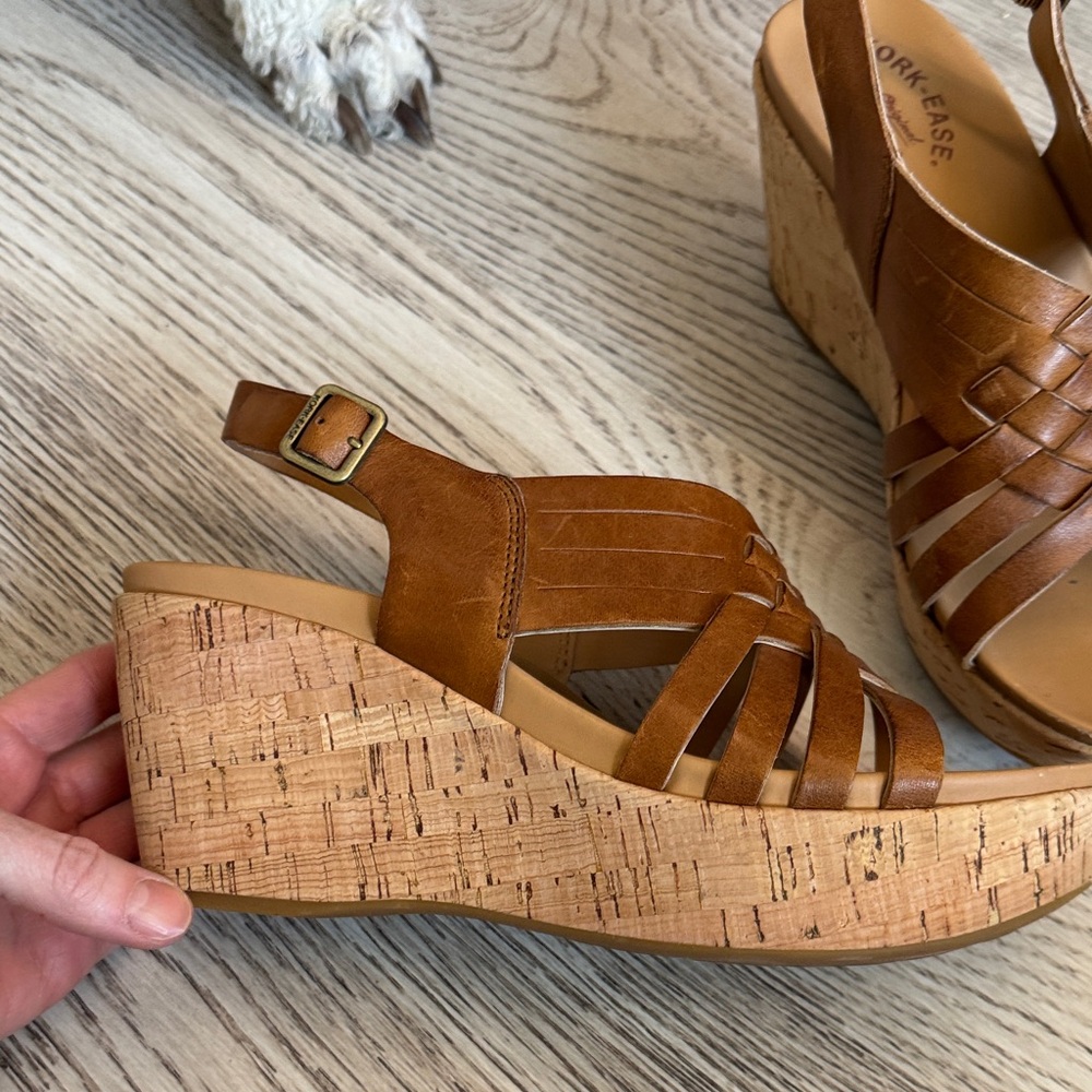 Kork-Ease Cognac Brown Leather Wedge Sandals - Picture 2 of 8